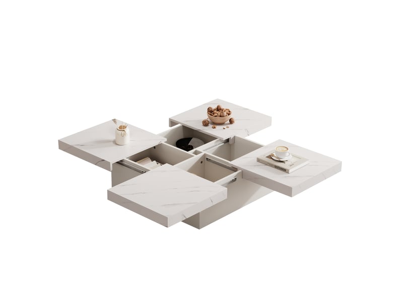  Table basse carrée moderne avec 4 tiroirs et plateau coulissant, effet marbre, pour salon, 90 × 90 × 25 cm  - Conforama A