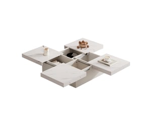 Table basse carrée moderne avec 4 tiroirs et plateau coulissant, effet marbre, pour salon, 90 × 90 × 25 cm