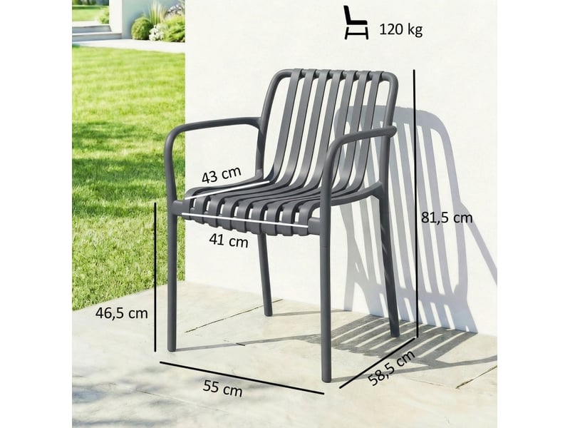  Lot de 4 chaises de jardin empilables 55x58,5x81,5 cm avec accoudoirs et design à lames gris foncé  - Conforama E