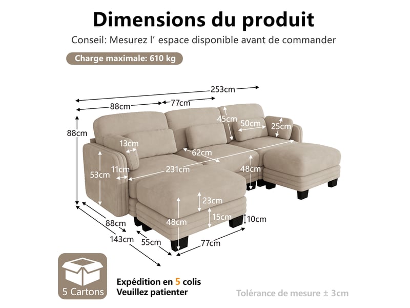 Canapé modulaire en u 3 places 253x143x88 cm, montage facile, confort multicouche, avec 2 poufs, tissu en chenille, café clair - Conforama C