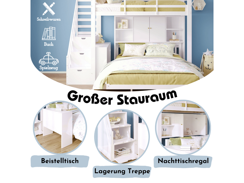  Lit superposé 90x200 et 140x200 enfant avec rangement escalier et table mobile bois massif blanc  - Conforama W
