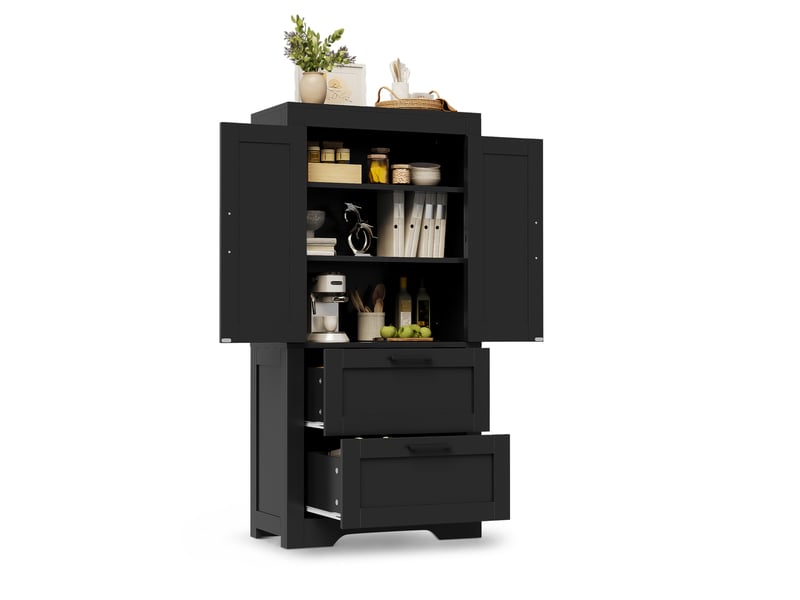  Meuble de cuisine muvano, buffet haut style campagne noir, 2 tiroirs, étagères réglables, 60 × 30 × 128 cm  - Conforama A