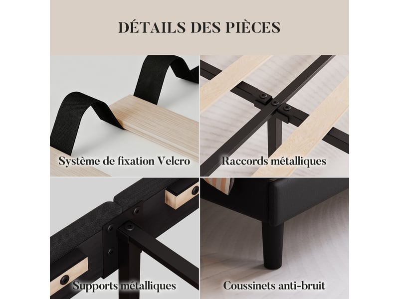 Lit 140 x 190 avec sommier à lattes, cadre de lit rembourré avec tête de lit réglable, pieds antidérapants, lit double, noir - Conforama C
