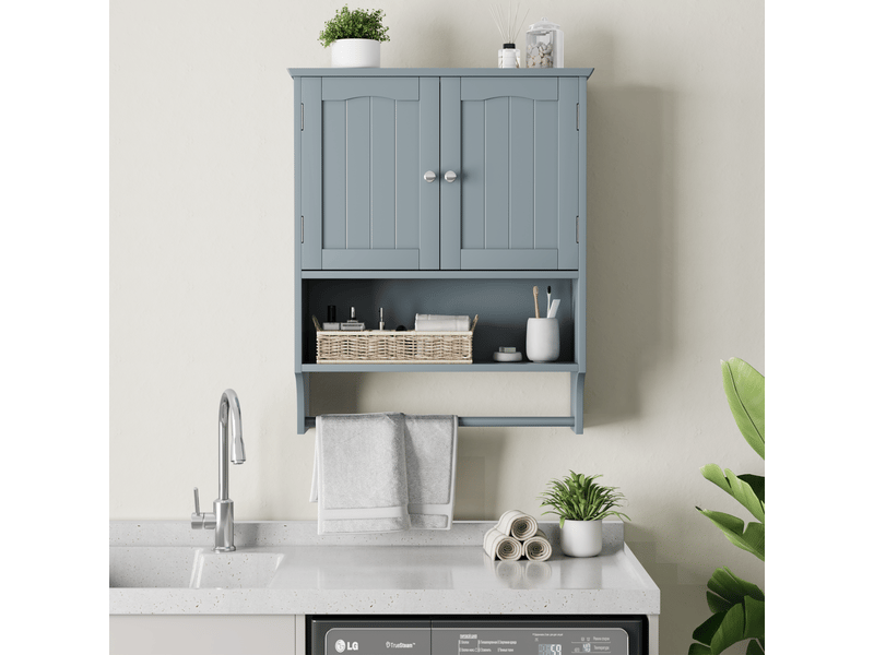  Armoire de salle de bain murale moderne 56,8x19x70 cm, 2 portes, rangement ajustable, porte-serviettes, mdf, gris clair  - Conforama B