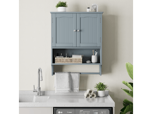 Armoire de salle de bain murale moderne 56,8x19x70 cm, 2 portes, rangement ajustable, porte-serviettes, mdf, gris clair