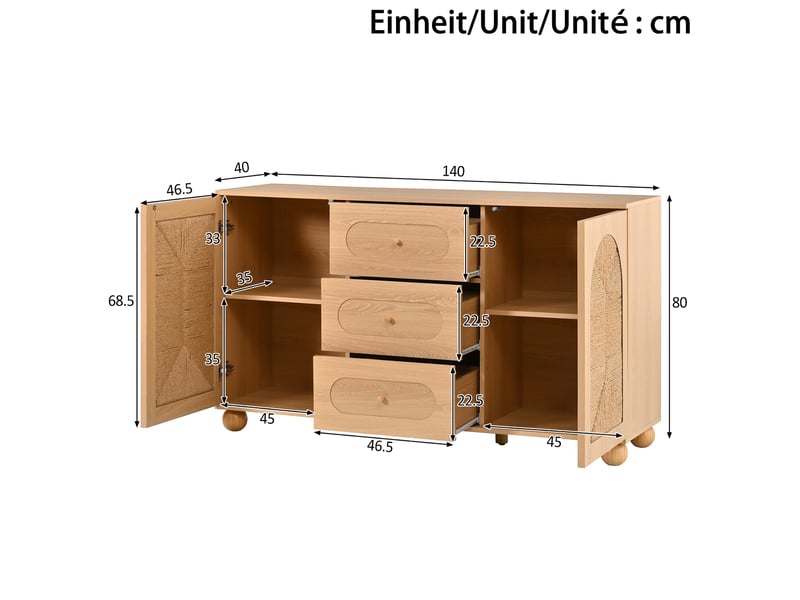  Buffet modenvie 140 x 40 x 80 cm 2 portes et 3 tiroirs mdf panneaux de particules naturel  - Conforama C
