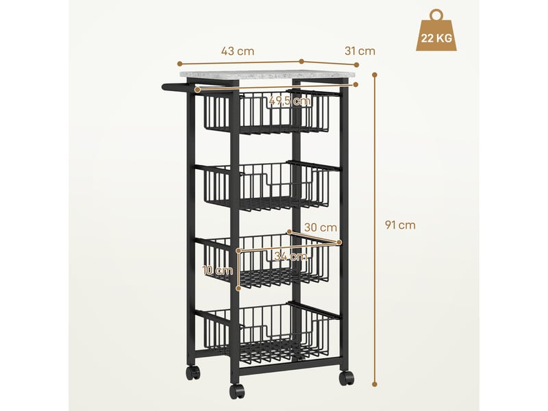  Desserte de cuisine à roulettes 4 paniers acier gris 49,5 x 31 x 91 cm  - Conforama C