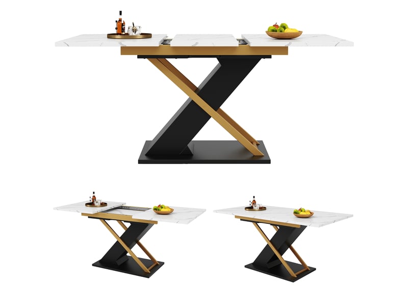  Table à manger extensible 120–160 cm, blanc effet marbre, noir et doré Fay Lum - Conforama E