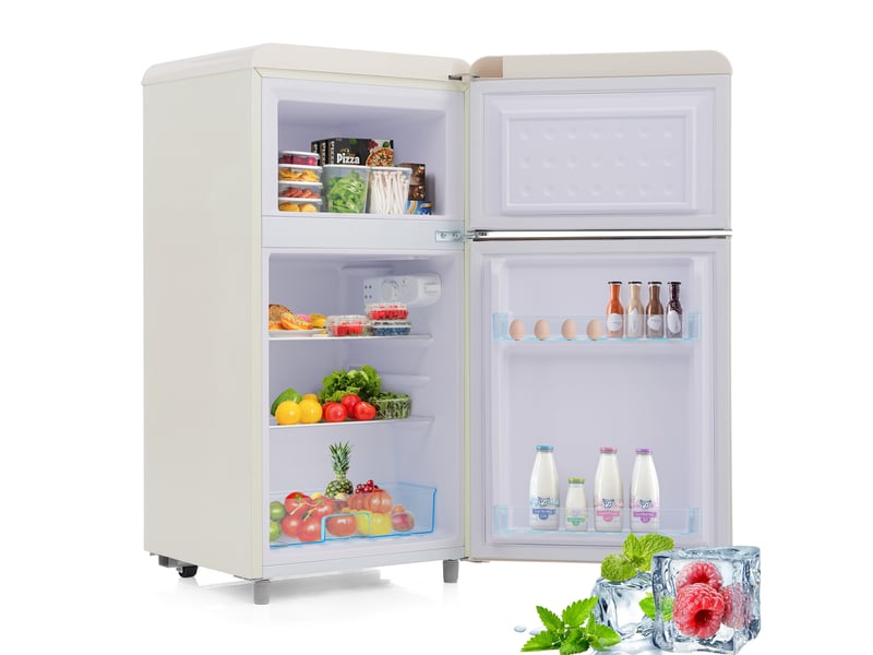 Réfrigérateur rétro double porte 72l, congélateur 21l. Classe e. Couleurs au choix.