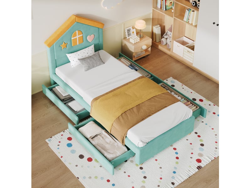  Lit enfant cabane 90 x 200 cm bleu-vert en velours français avec 4 tiroirs de rangement  - Conforama C