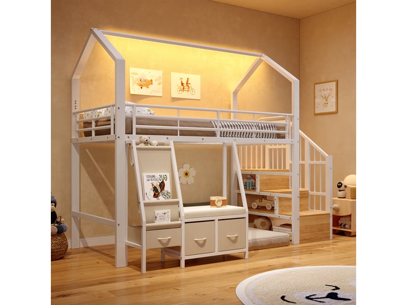  Lit mezzanine étagères 90x200 cm en métal avec en tissu, tiroirs, escalier avec rangement et bande led - blanc Morn Vibe - Conforama B