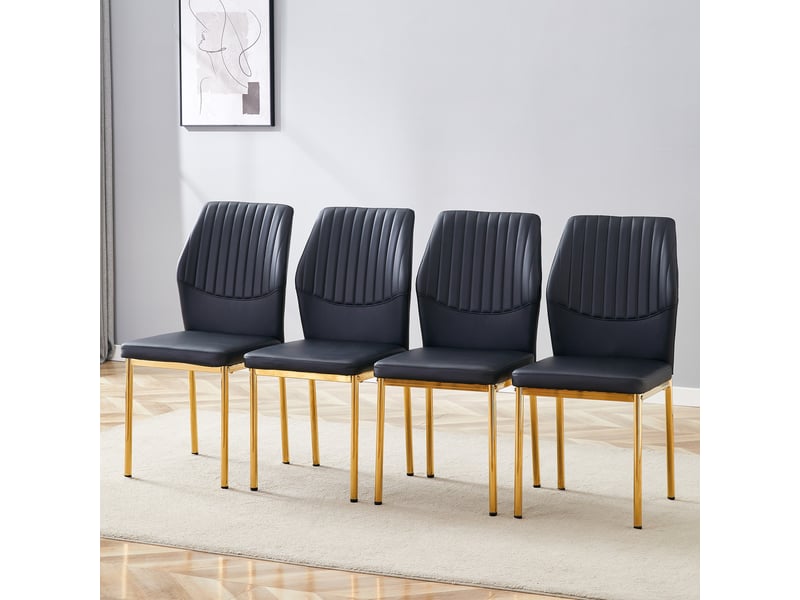  Lot de 4 chaises de salle à manger en cuir synthétique noir dossier strié pieds métal doré  - Conforama D
