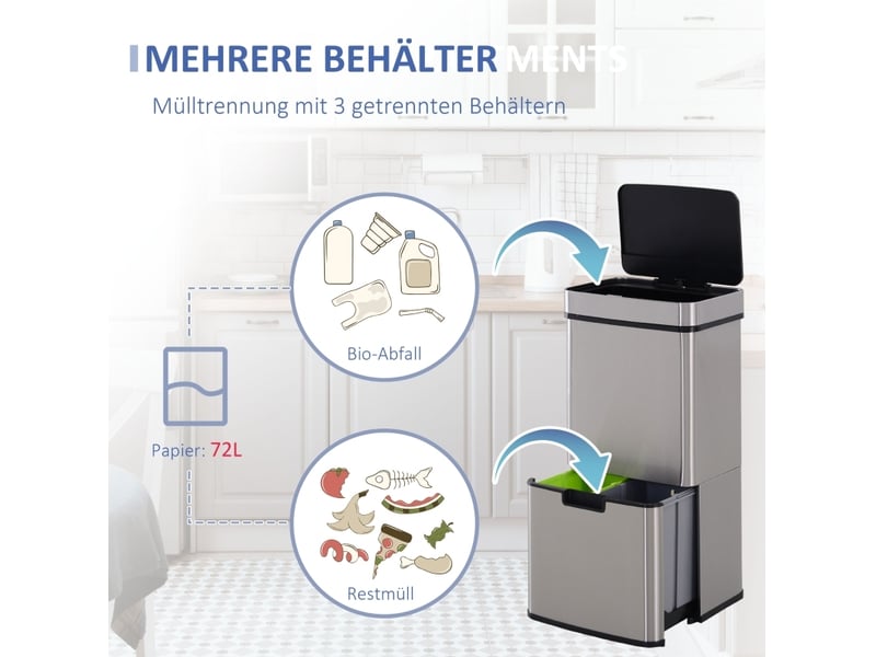  Poubelle à capteur tcqpz 72 l 47 l + 2 x 12,5 l tri sélectif automatique inox argenté 42 x 30 x 81 cm  - Conforama E