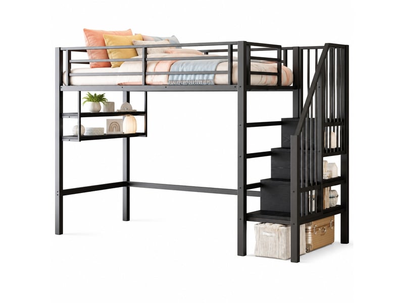  Lit mezzanine enfant 90x200 cm, échelle, garde-corps, espace de jeu, rangement, rangements inclus, métal noir sans matelas  - Conforama A