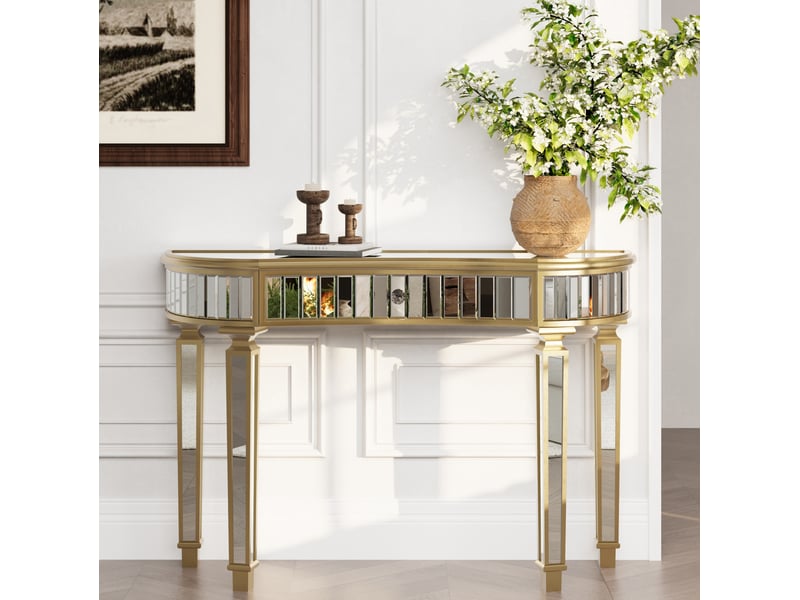  Console demi-lune miroir 120x38x78 cm dorée et argentée avec tiroir  - Conforama D