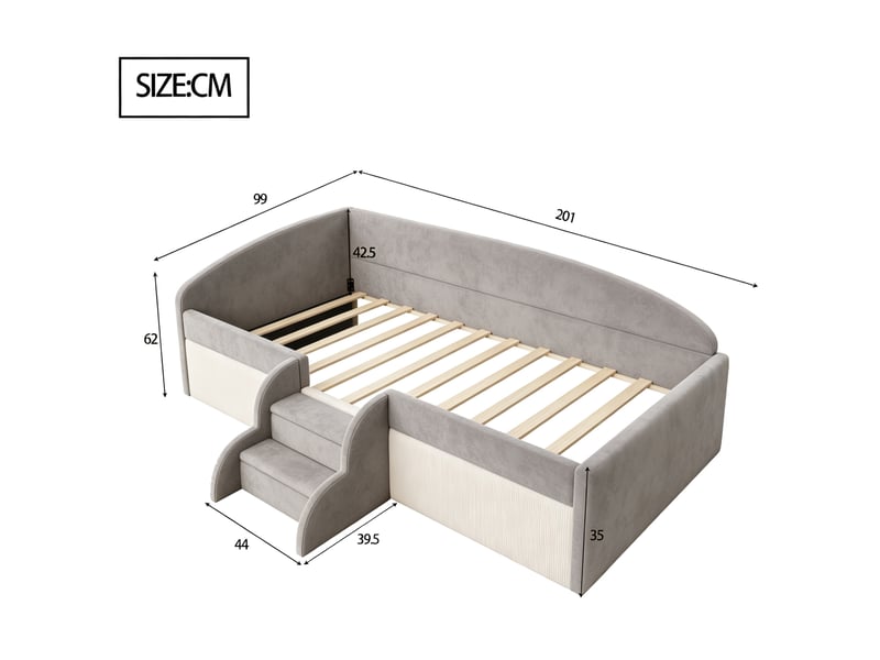  Lit enfant 90x190 cm avec marches et barrières en velours gris  - Conforama E
