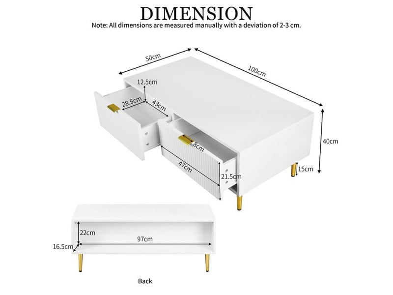  Table basse moderne - blanc avec accents dorés - 2 tiroirs - design à rayures verticales - pieds en métal 100x50x40cm - Conforama E