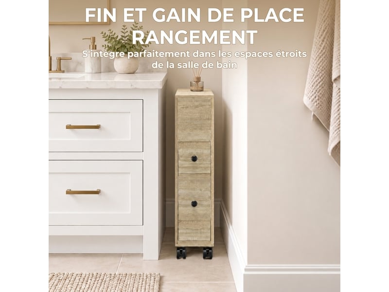  Rangement wc mobile sur roulettes - 2 tiroirs, niche - naturel  - Conforama E