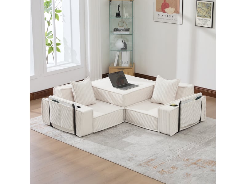 Canapé-lit 2 places modulable en velours côtelé beige avec 2 coussins - Conforama B