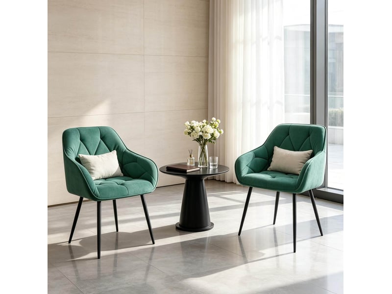  Chaise de salle à manger, lot de 2 avec dossier ergonomique, accoudoirs et patins réglables en velours turquoise  - Conforama D