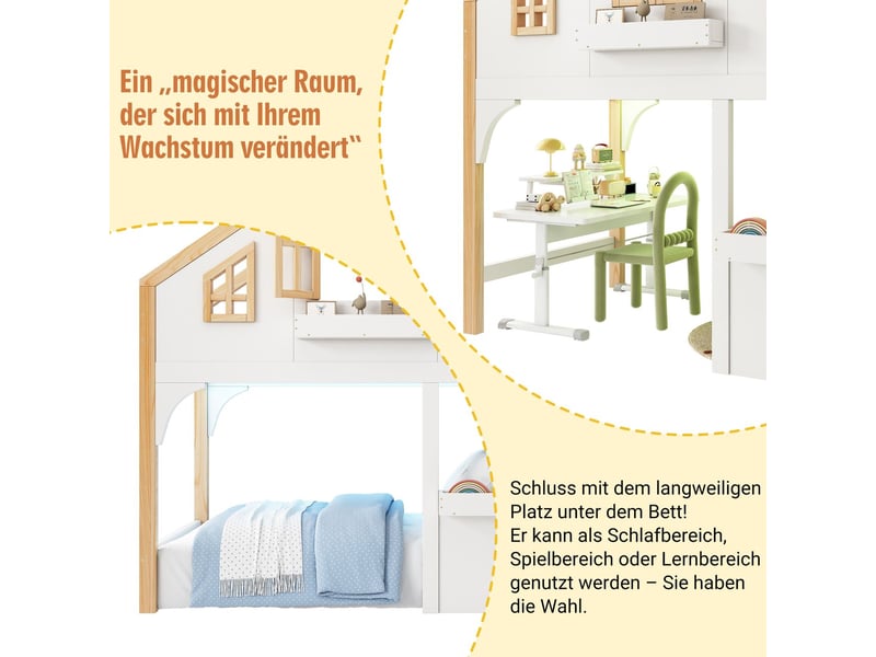  Lit superposé enfant 90x200, structure bois massif lit superpose cabane, escalier rangement intégré, led intégrée, fenêtre décorative  - Conforama E