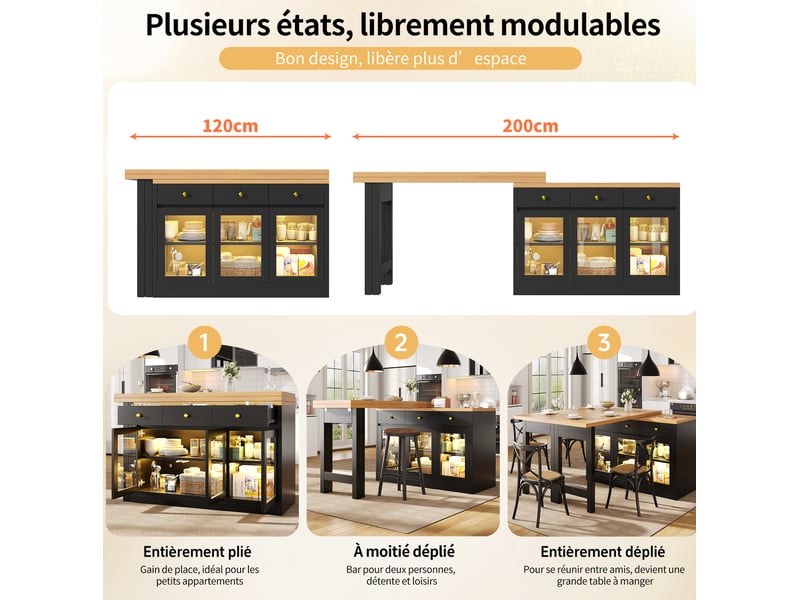  Îlot de cuisine extensible 120-200x40x75,5 cm, led, 3 tiroirs et 3 portes vitrées, desserte, mdf et métal, couleur noir  - Conforama E