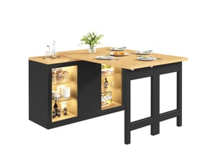 Îlot de cuisine extensible 120–197x40x72 cm avec plateau pivotante 360°, rgb led, rangement vitré et étagère réglables, noir
