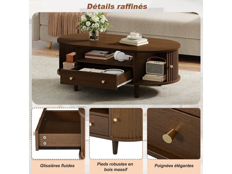  Table basse ovale noyer avec tiroir et porte coulissante 100x50 cm - design minimaliste  - Conforama D