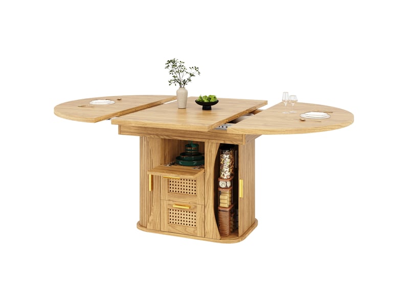  Table à manger extensible 118-158 cm avec tiroirs effet rotin, coloris naturel  - Conforama A