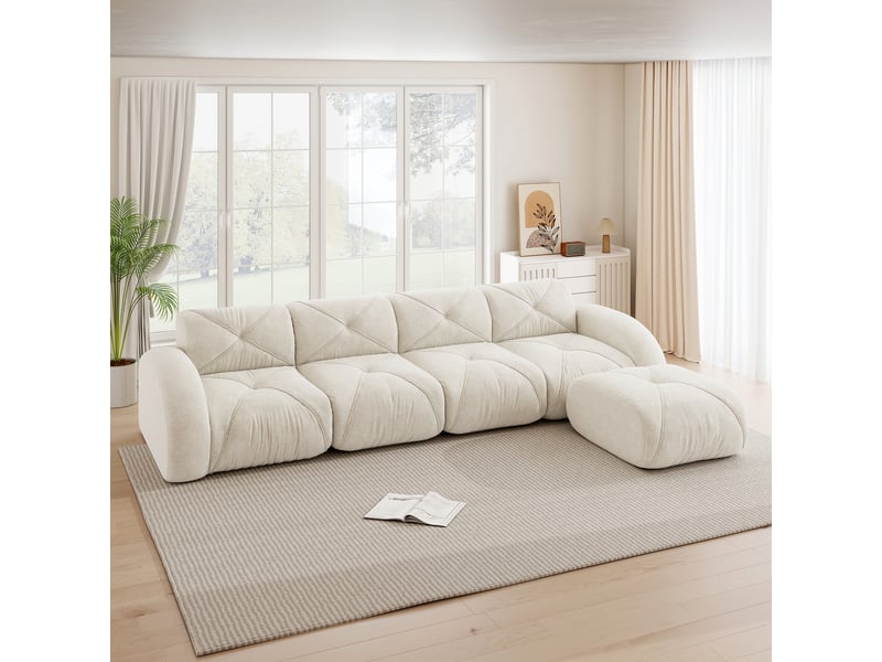  Canapé modulaire d'angle en chenille avec assise moelleuse et structure sans cadre, beige clair  - Conforama D