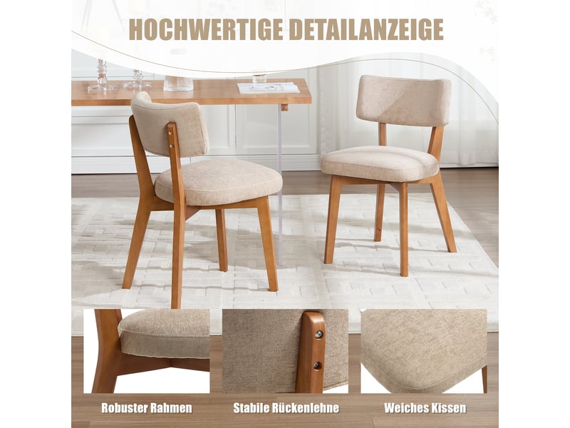  Ensemble de 2 chaises de salle à manger de style moderne du milieu du siècle, pieds en bois massif, assise rembourrée en tissu (tissu en lin kaki) pour la cuisine, la salle à manger ou le bureau.  - Conforama D