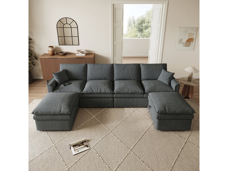  Canapé en u modulable 6 places avec rangement  - 2 poufs usb, coton-lin gris, 277 × 135 × 80 cm  - Conforama C