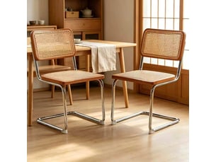 Lot de 2 chaises de salle à manger cantilever, dossier en rotin tressé, structure en métal, style breuer, couleur bois