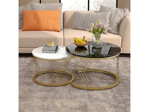 Tables gigogènes modernes en marbre plaqué – ensemble de 2, cadres dorés, tables d’appoint rondes