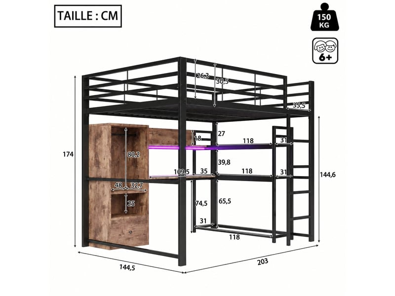 Lit mezzanine 140x200 cm avec bureau, tiroir et étagères, led 16 couleurs, structure en métal et mdf, noir - Conforama C