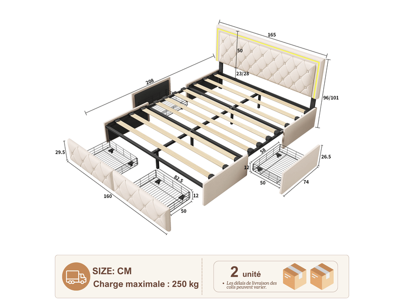  Lit double rembourré 160x200 cm avec 4 tiroirs, lit adulte avec rangement - led multicolores - tête de lit cloutée, sommier à lattes, lit 2 places, pu beige  - Conforama C