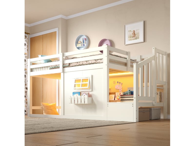  Lit mezzanine enfant 90 x 200 cm en bois blanc avec escalier de rangement, fenêtre et led, sans matelas  - Conforama B
