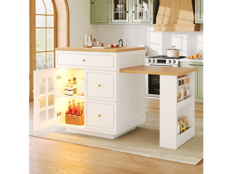 Îlot de cuisine extensible 122,5-195,5 cm avec led rgb, blanc et verre - Conforama B