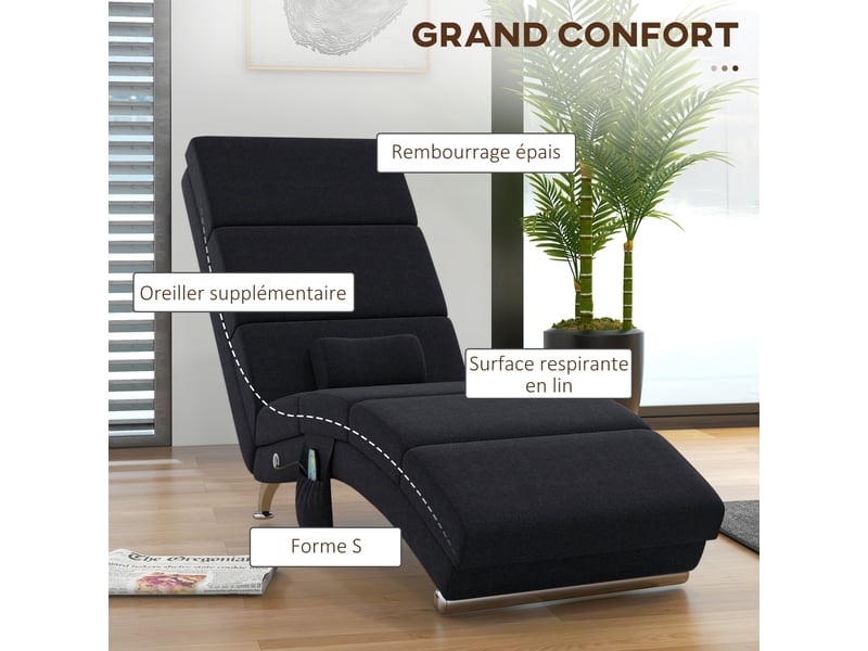  Fauteuil relax chaise longue de relaxation ergonomique, massant et chauffant avec télécommande noir 56 x 168 x 84 cm  - Conforama E