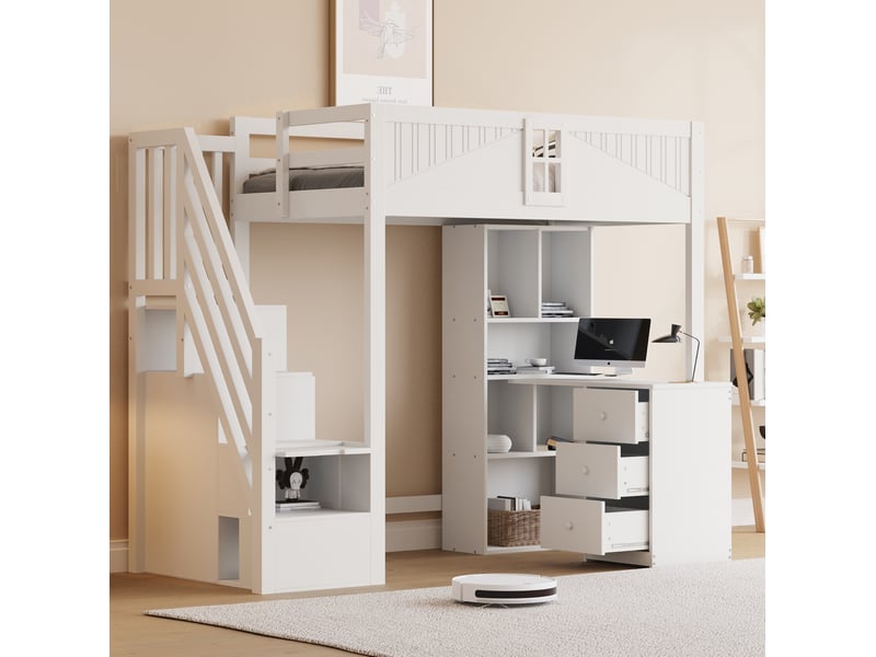  Lit mezzanine 90x200 cm, bureau, échelle de rangement latérale, garde-corps avec fenêtre, bois, blanc, sans matelas  - Conforama B
