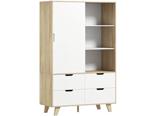 Armoire chambre penderie, 2 portes coulissantes, 4 tiroirs, étagères réglables, barre de suspension, chêne et blanc