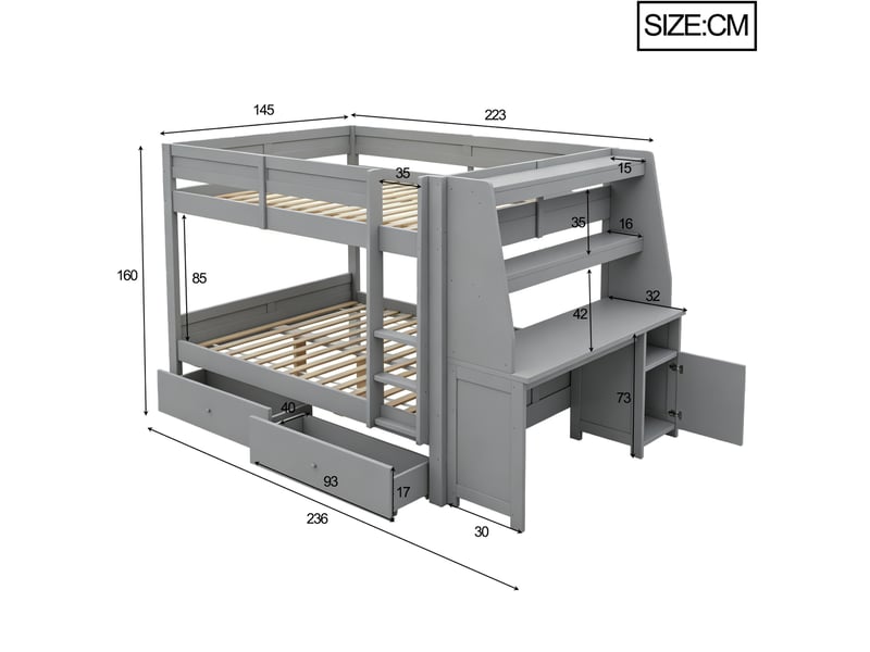  Lit superposé modenvie 140 x 200 cm avec bureau, rangements et 2 tiroirs, gris  - Conforama C