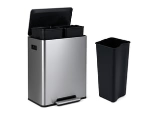 Poubelle cuisine tri sélectif 60l, poubelle recyclage à pédales en acier inoxydable avec double compartiments, couvercle verrouillable (argenté)