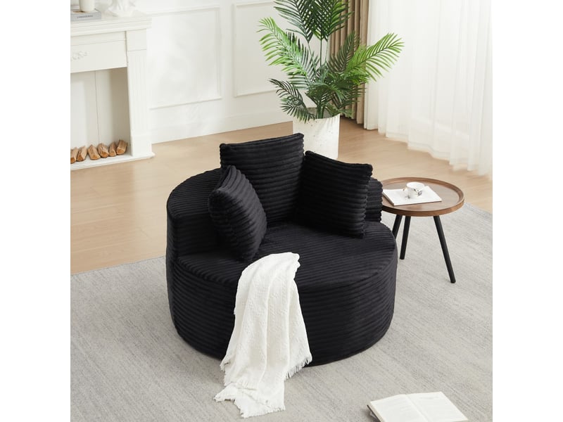  Fauteuil simple rond 110x110x82cm - canapé cabriolet lounge individuel sans montage en velours côtelé 3 coussins - noir  - Conforama B