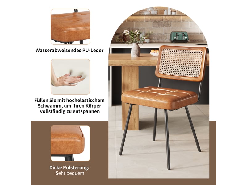  Chaise de salle à manger ergonomique avec dossier en rotin  - pieds réglables, métal et pu marron 61 × 46 × 79 cm  - Conforama E