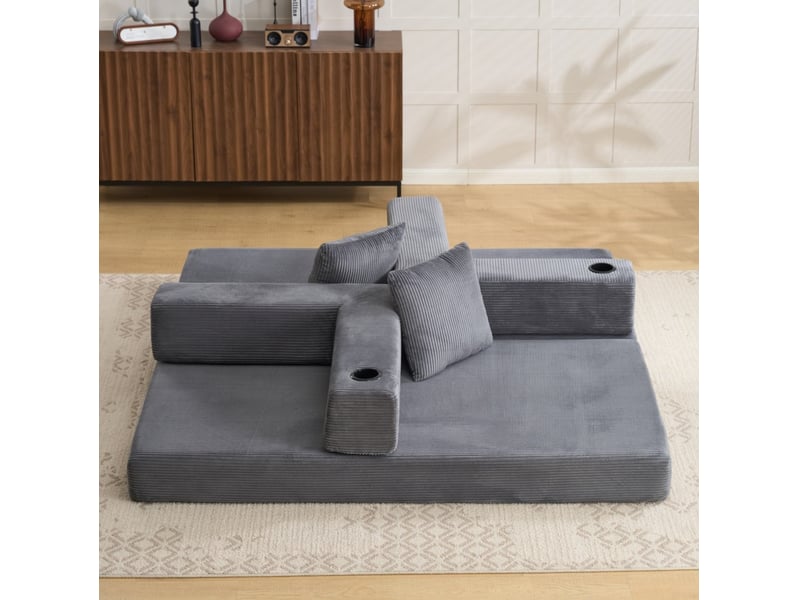  Sofa lit convertible gris foncé, lit d'appoint avec accoudoirs rétractables et support lombaire, confortable, avec porte-gobelet et poches latérales, tissu velours côtelé, pour salon et chambre  - Conforama D