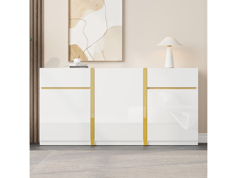 Buffet bas blanc brillant à détails dorés – 3 portes, 2 tiroirs – 160 x 40 x 78 cm - Conforama B