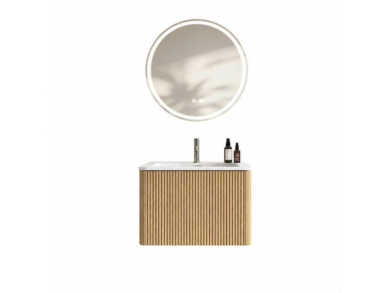 Ensemble meuble vasque suspendu 60 cm avec miroir rond led, finition chêne  - Conforama A