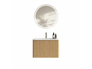 Ensemble meuble vasque suspendu 60 cm avec miroir rond led, finition chêne