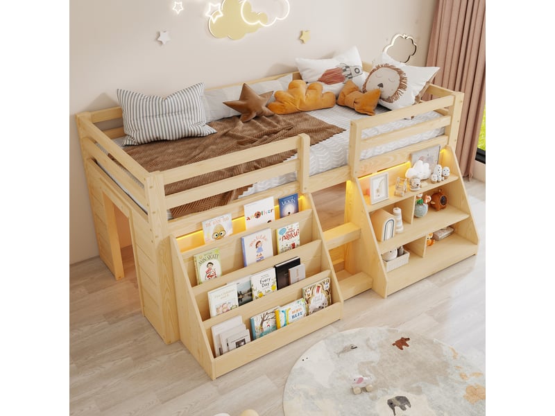  Lit surélevé 90 x 200 cm avec led via application et rangements ouverts, lit simple en pin naturel avec garde-corps et échelle intégrée  - Conforama C